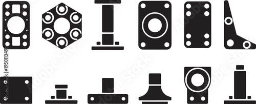 Set of ten solid black mechanical plates and supports. various industrial components silhouettes