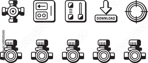 Technical pipe valve and control panel icons set for manufacturing software and user interface