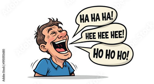 Cartoon illustration of a laughing man with speech bubbles on a clean white background with a joyful mood.