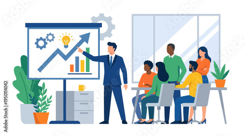Business team discussing vector illustration of growth on a presentation board
