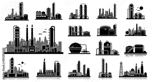 Silhouetted Industrial Plants and Factories - A Vector Illustration Collection.