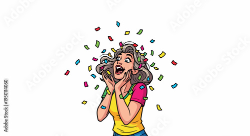 A cartoon woman with brown hair and a yellow shirt laughs with colorful confetti exploding around her on a white background.