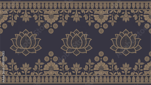 An intricate digital illustration of lotus flowers and ornate patterns on a dark blue background