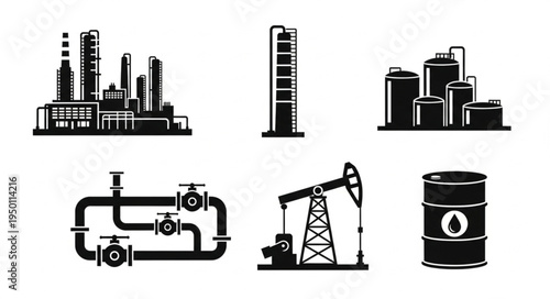 Oil and Gas Industry Icons - Refinery, Storage, Pipeline, Pumpjack, Barrel.
