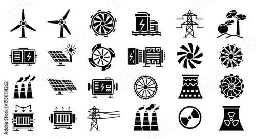Collection of Energy Source Icons - Wind, Solar, Hydro, Nuclear, and Thermal Power.