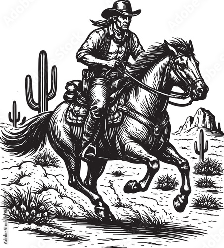 Western Cowboy Riding Horse Vintage Engraving Vector Illustration