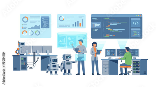 Team of people working on illustration vector project with robots and computers