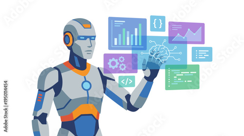 A futuristic robot holds a vector illustration of a brain with floating digital screens.