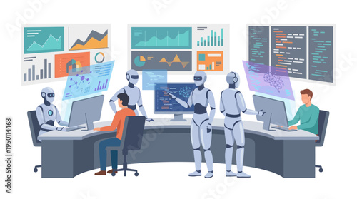 Robots assist humans in a modern office setting with illustration vector graphics on screens.