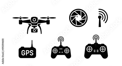 Drone and remote control icons set.
