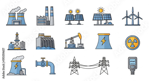 Diverse Energy Sources - Power Plants, Solar Panels, Wind Turbines, and More.