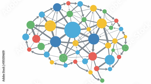 A vibrant vector illustration of a complex network with interconnected nodes and arrows.