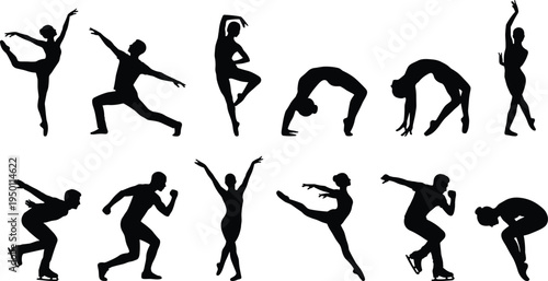 Collection of dancer and athlete silhouettes in motion, black figures performing ballet gymnastics running and figure skating poses