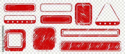 Red distress stamp seal square icon and worn rectangle vector frame.