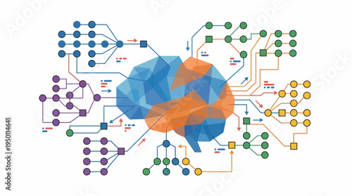 A vector illustration of a brain with colorful circuits and connections on a white background