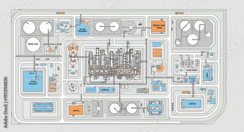 Detailed Schematic of an Industrial Processing Plant Layout.