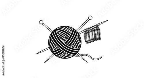 Knitting Illustration - Yarn Ball with Needles and Knitted Fabric.