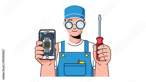 Tech Repair: The image features a technician, meticulously showcasing the inner workings of an electronic device, equipped with a screwdriver.
