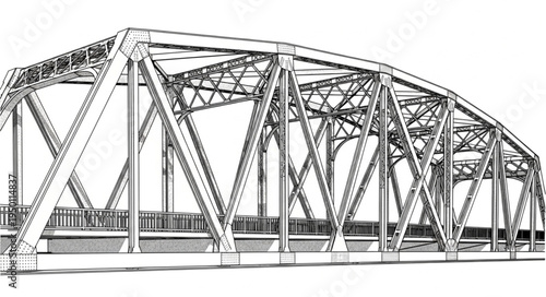 Detailed Line Art Depiction of a Steel Arch Bridge Structure.