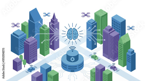 Vector illustration of a futuristic cityscape with a brain and technology elements.