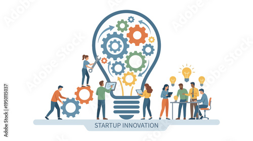 Startup team working on illustration vector concept with gears and lightbulb