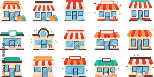 Bright and Colorful Storefronts with Striped Awnings in Playful and Modern Design