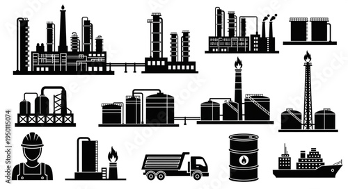 Industrial Complex Silhouette - Oil and Gas Industry Vector Graphics.