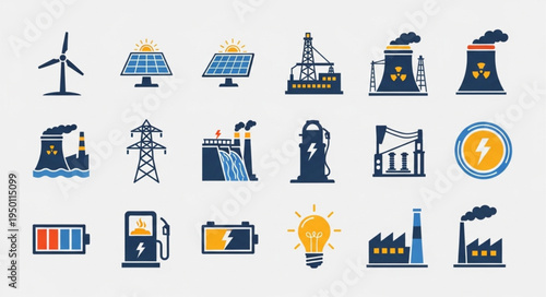 Collection of Energy Source and Power Generation Icons.