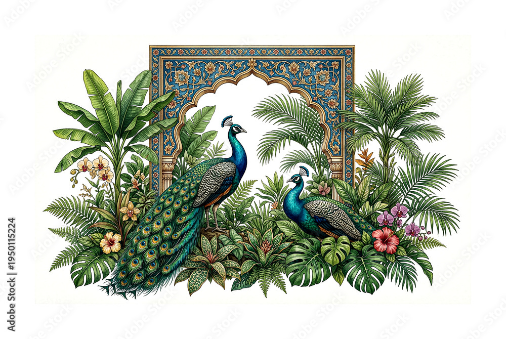Obraz premium An ornate antique style frame featuring two peacocks amidst lush tropical foliage on transparent background high-quality professional detailed modern
