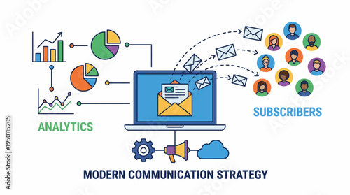 Modern communication strategy with vector illustration of laptop and analytics on screen