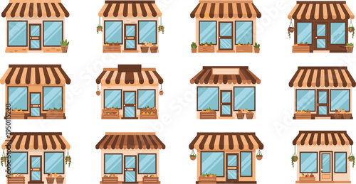 Cute Cartoon Storefronts with Awnings and Potted Plants in Bright and Cozy Design Style