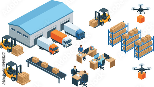 Isometric warehouse logistics and distribution center, delivery trucks with forklift and drone shipping vector illustration