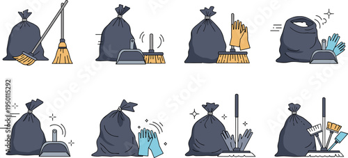 Cleaning Tools and Trash Bags in Action with Broom, Gloves, and Dustpan in Eco-Friendly Design