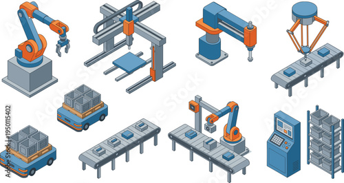 Isometric industrial robots and automated machinery set, smart factory manufacturing equipment vector illustration collection