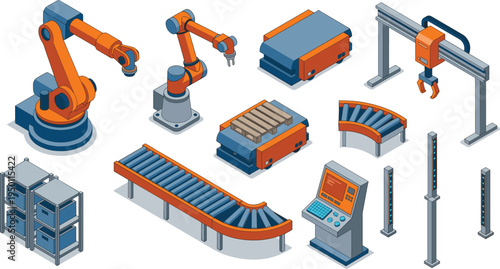 Isometric smart factory automation set, robotic arms and conveyor system for industrial manufacturing vector illustration