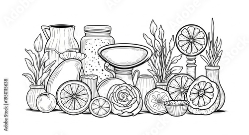 Detailed line art illustration of citrus fruits and kitchenware.
