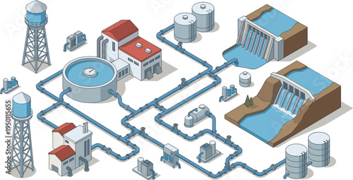 Isometric water treatment plant and hydroelectric dam, municipal water supply and energy infrastructure vector illustration