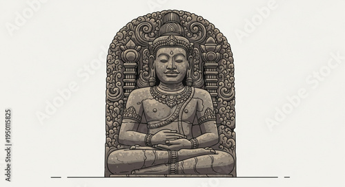 Stone Carving of a Seated Figure with Ornate Backdrop.