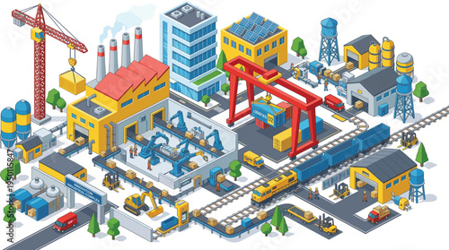 Isometric smart factory and logistics warehouse, automated manufacturing production line and global shipping vector illustration
