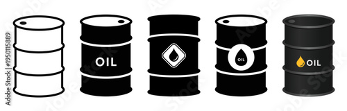 Oil barrel icon collection. Industrial fuel drum symbols, minimalist energy storage elements, and a professional gasoline resource design set. Vector illustration transparent PNG background