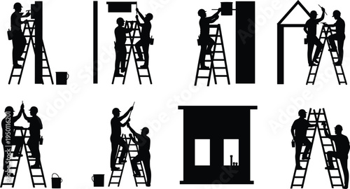 Construction Workers Painting Silhouette Vector Set, House Renovation and Maintenance Ladder Work Icons Collection for Builder, Repair Service, Home Improvement Design Projects