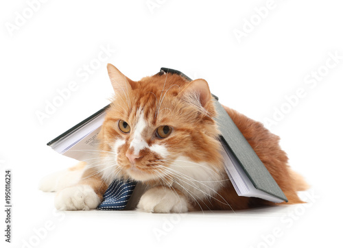 Cute cat with book lying on...