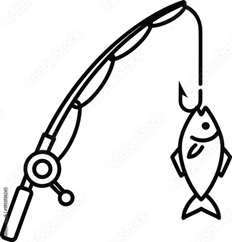 Fishing Rod and Fish Hook Icon Vector Illustration, Angling Equipment Symbol for Sport Fishing, Outdoor Recreation, Hobby Design, Logo and Activity Projects