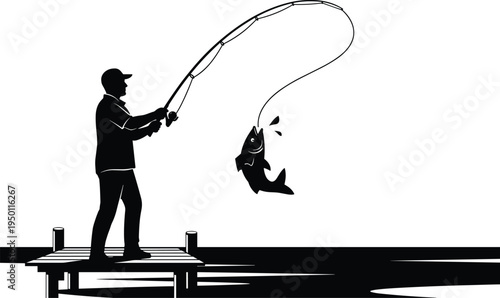 Fishing Man Silhouette Vector Illustration, Angler Catching Fish on Lake Dock Scene for Outdoor Sport, Hobby, Nature Adventure and Recreational Design Projects