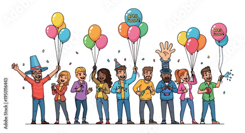 A diverse group of people holding colorful balloons and celebrating in a lively scene with a joyful mood against a clean white background.