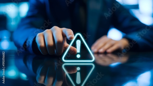 Business professional interacting with a glowing digital warning sign icon on a dark reflective surface representing cybersecurity threats system errors and data protection risks in a modern office