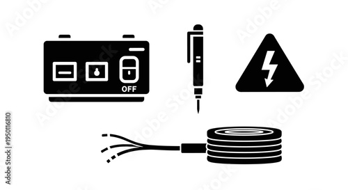 Electricity safety warning symbols and tools.