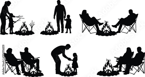 Camping campfire silhouettes family relaxing outdoor people sitting chair fire camping activity black silhouette collection isolated background