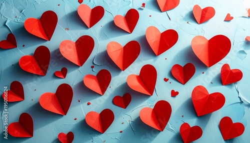 A vibrant collage of various sized red paper hearts scattered across a textured blue surface, evoking feelings of love and celebration