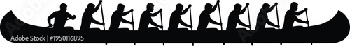 Canoe team rowing silhouette vector, paddling athletes in long boat, teamwork water sport illustration isolated outdoor activity concept